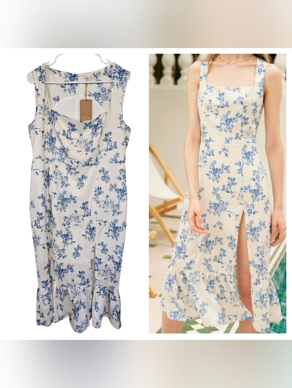 RIHOAS Square Neck Porcelain Design Floral Ruffle Trim Midi Dress